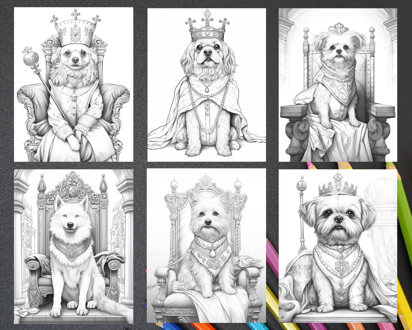 50 Royal King Dog Grayscale Coloring Pages for Adults, Printable PDF Instant Download