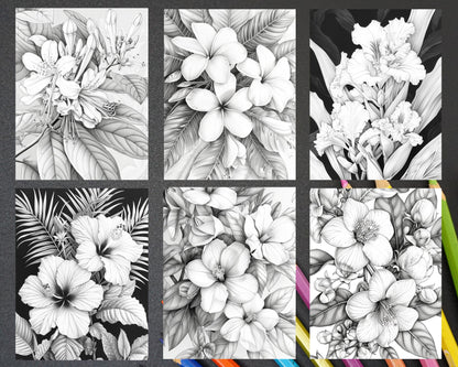 65 Tropical Flowers Grayscale Adult Coloring Pages Printable PDF Instant Download