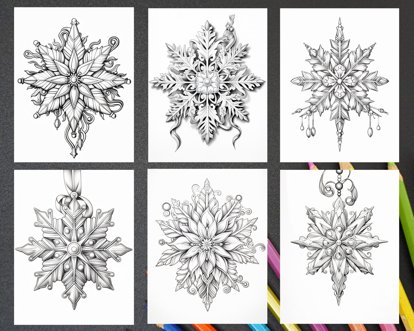 50 Christmas Snowflake Grayscale Coloring Pages for Adults, Printable PDF Instant Download