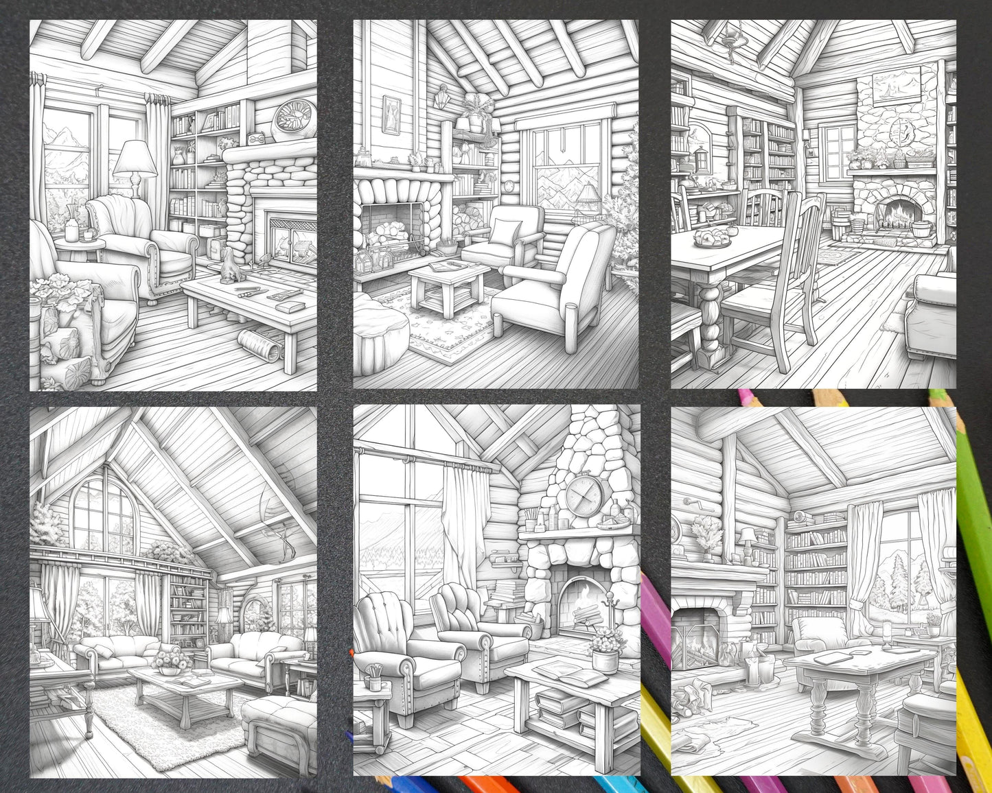 Cozy Cabin Interior Grayscale Coloring Pages Printable for Adults, PDF File Instant Download
