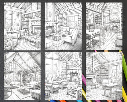 Cozy Cabin Interior Grayscale Coloring Pages Printable for Adults, PDF File Instant Download