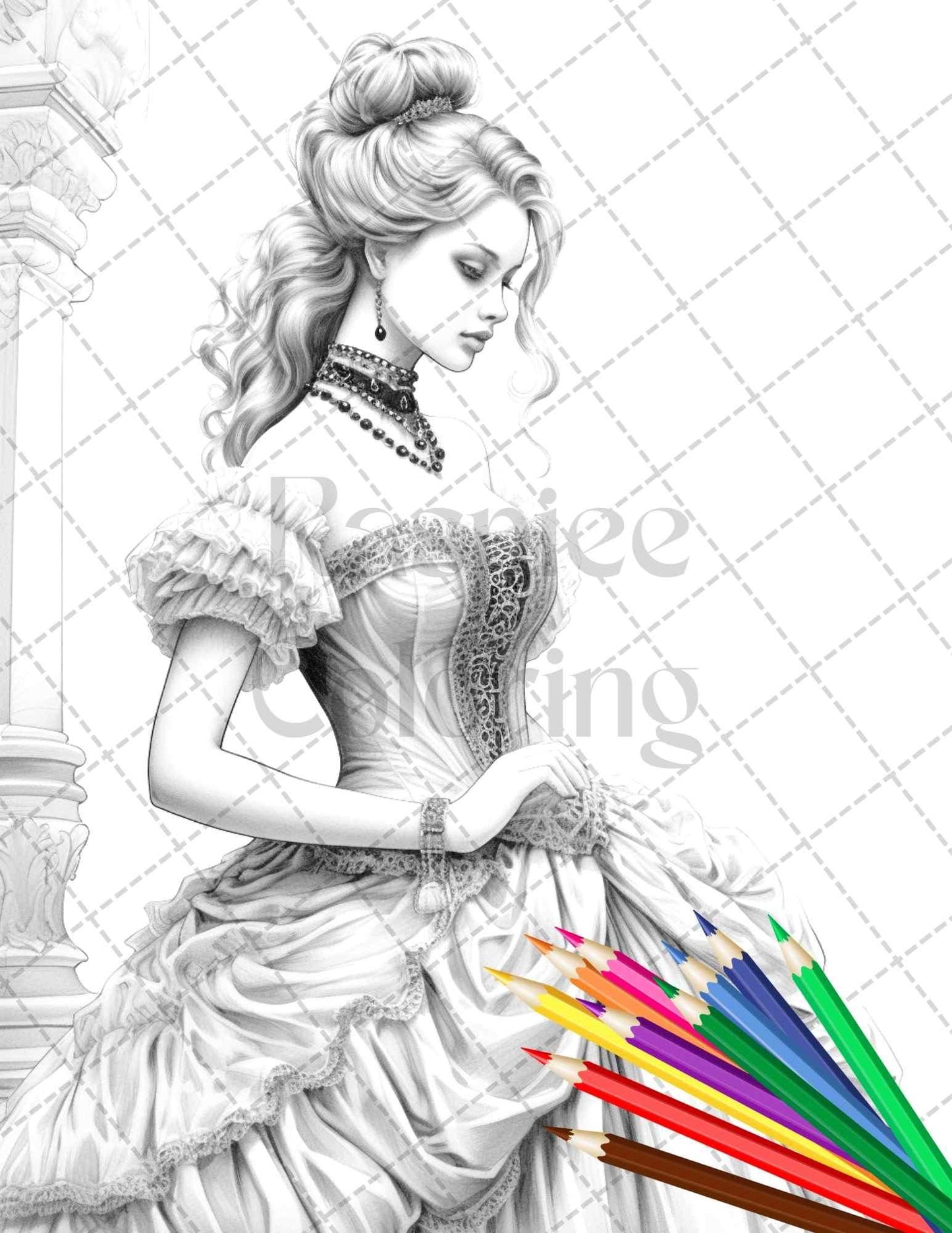 50 Victorian Fashion Grayscale Coloring Pages Printable for Adults, PDF File Instant Download
