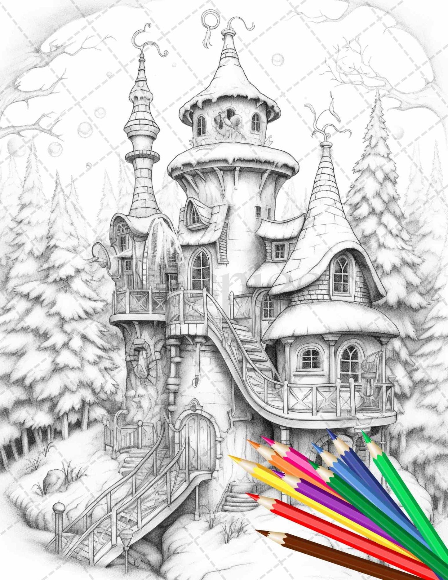 63 Winter Fairy Houses Grayscale Coloring Pages Printable for Adults, PDF File Instant Download