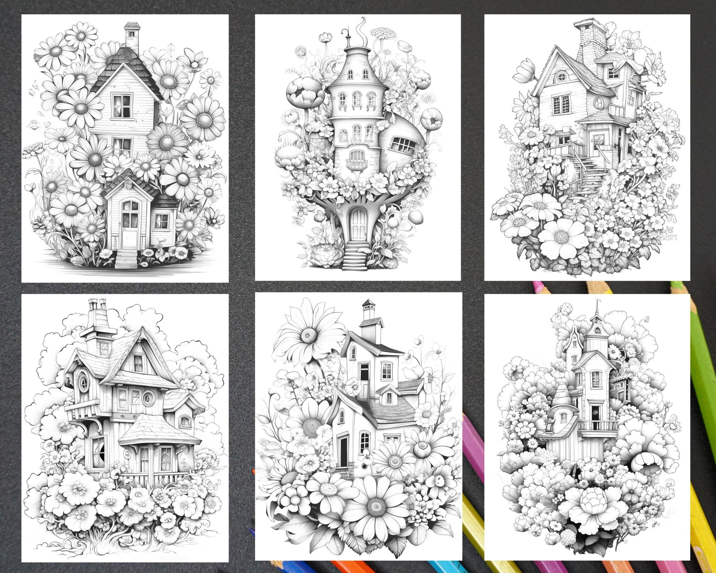 60 Flower Houses Grayscale Coloring Pages Printable for Adults, PDF File Instant Download