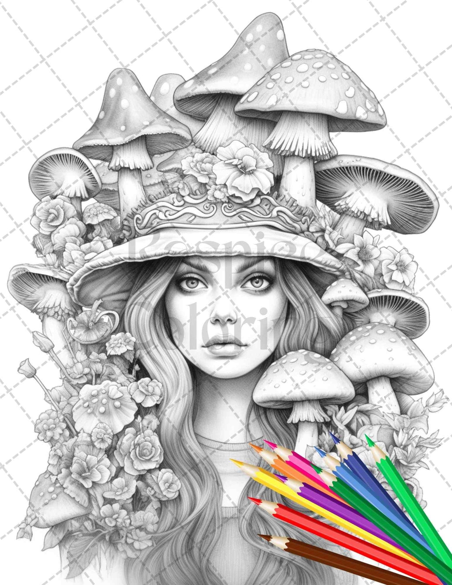 50 Mushroom Fairy Grayscale Coloring Pages Printable for Adults, PDF File Instant Download