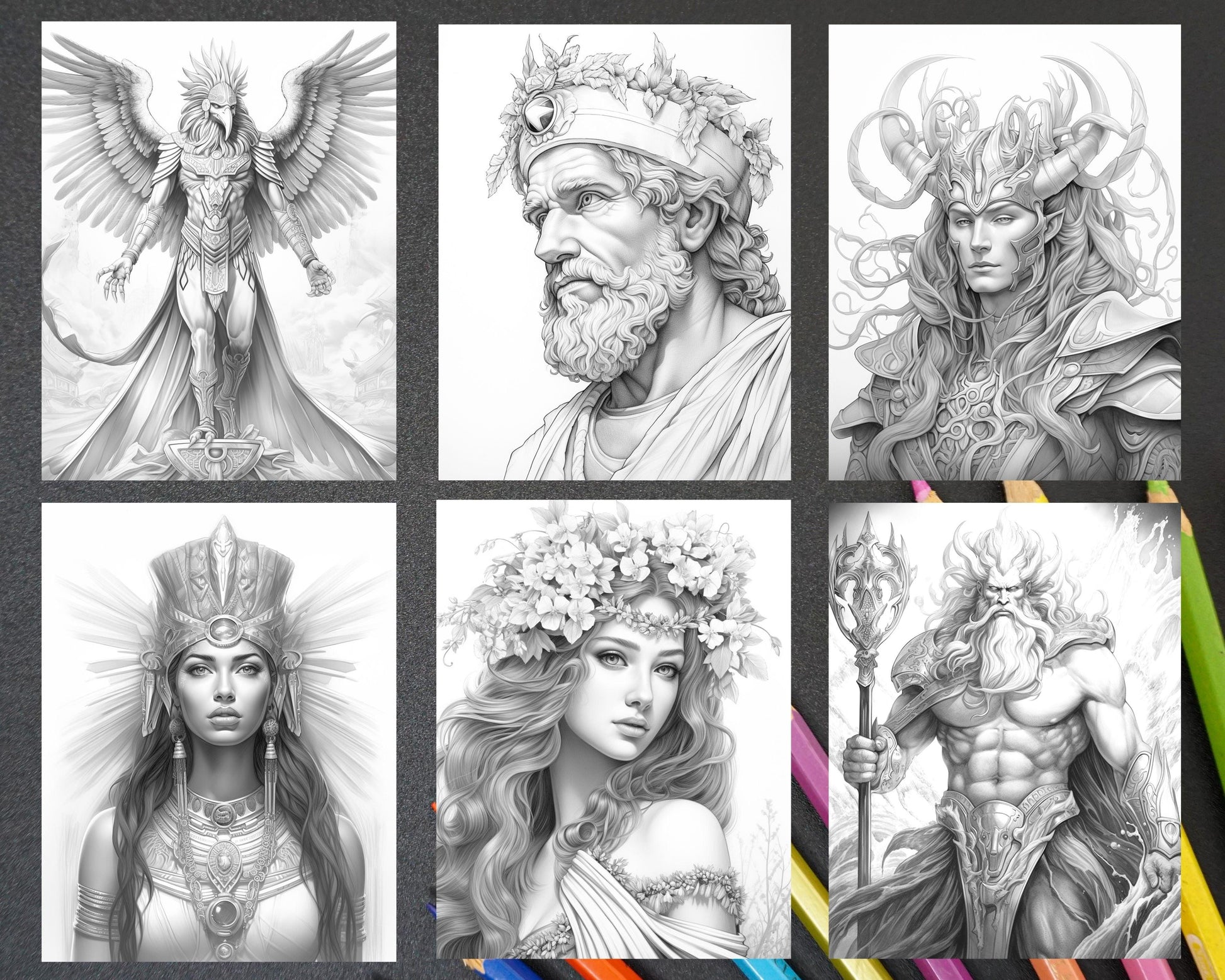 52 Mythology Gods Grayscale Coloring Pages for Adults, Printable PDF Instant Download