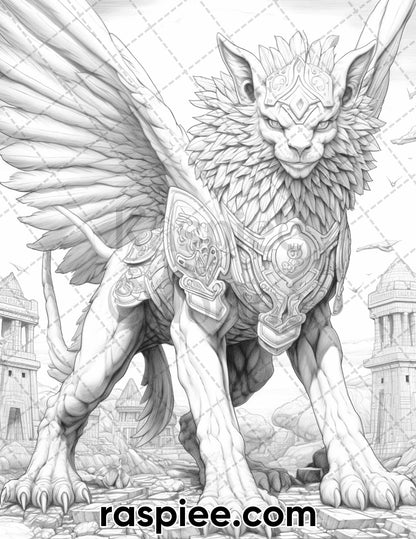 60 Mythical Creatures Grayscale Coloring Pages for Adults, Printable PDF Instant Download