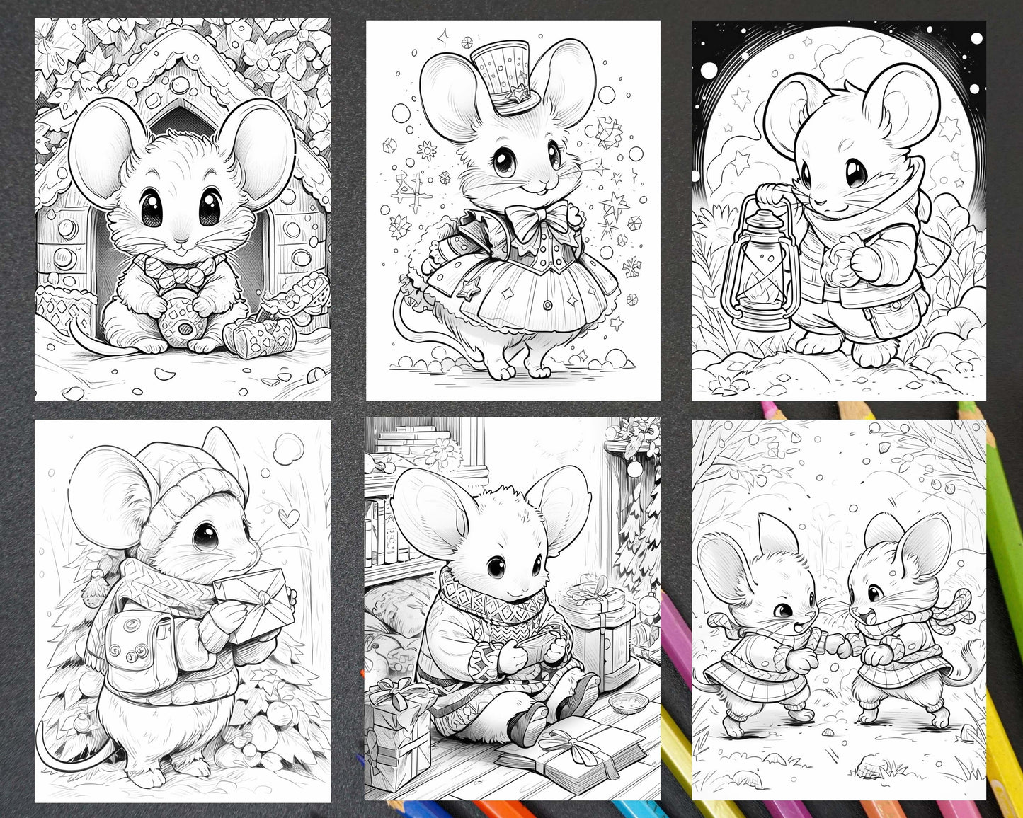 64 Christmas Mice Grayscale Coloring Pages for Adults, Printable PDF Instant Download