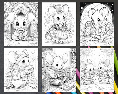 64 Christmas Mice Grayscale Coloring Pages for Adults, Printable PDF Instant Download
