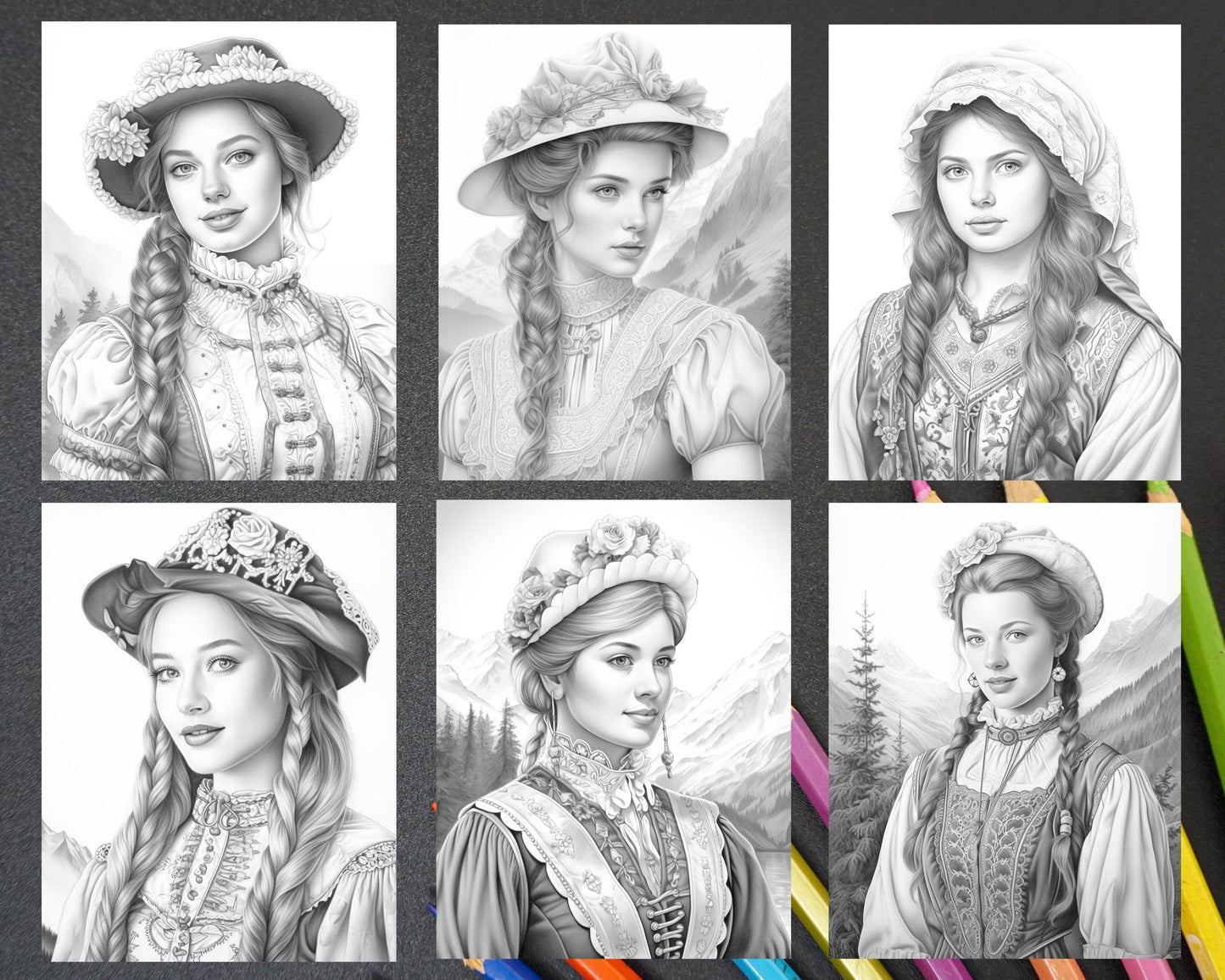55 Traditional Swiss Girls Grayscale Adult Coloring Pages, Printable PDF Instant Download
