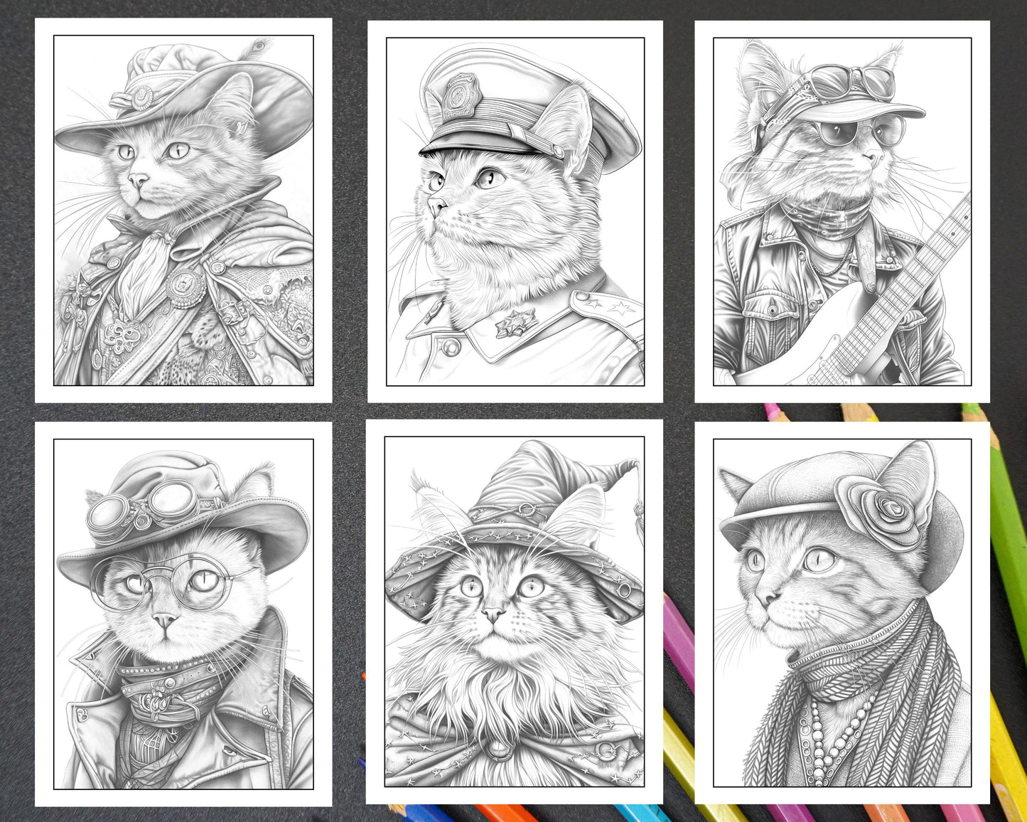 60 Cats Dressed Up Adult Coloring Pages Printable PDF Instant Download