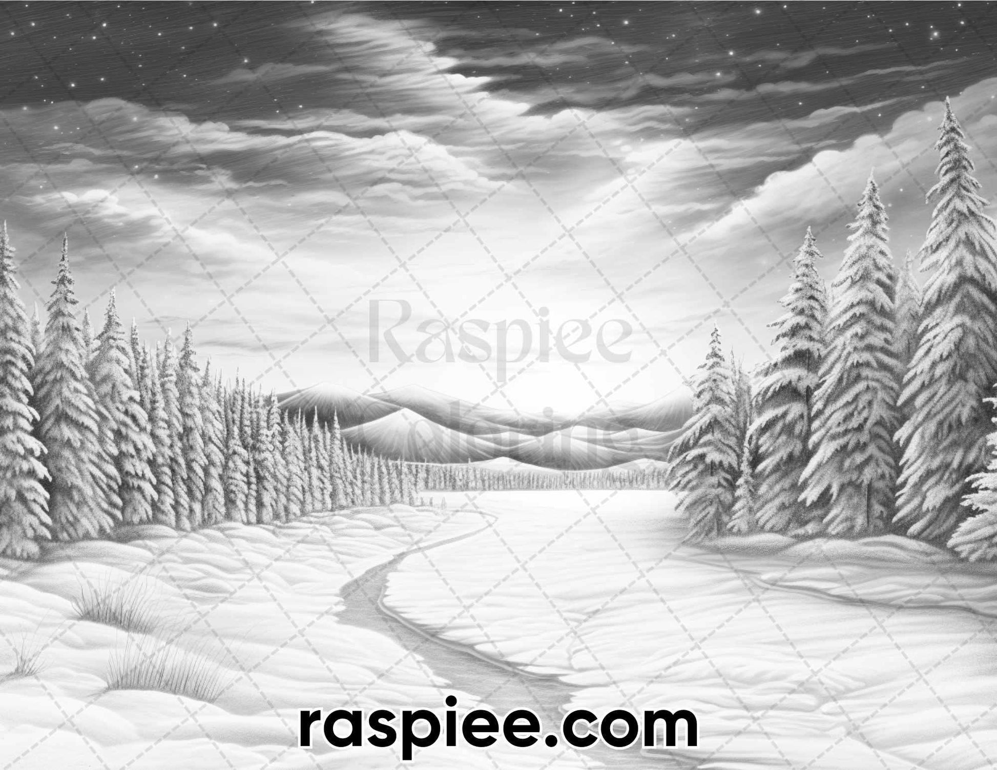60 Enchanting Winter Landscapes Grayscale Coloring Pages for Adults, Instant PDF Download
