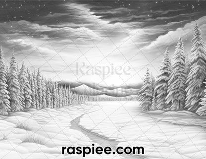 60 Enchanting Winter Landscapes Grayscale Coloring Pages for Adults, Instant PDF Download