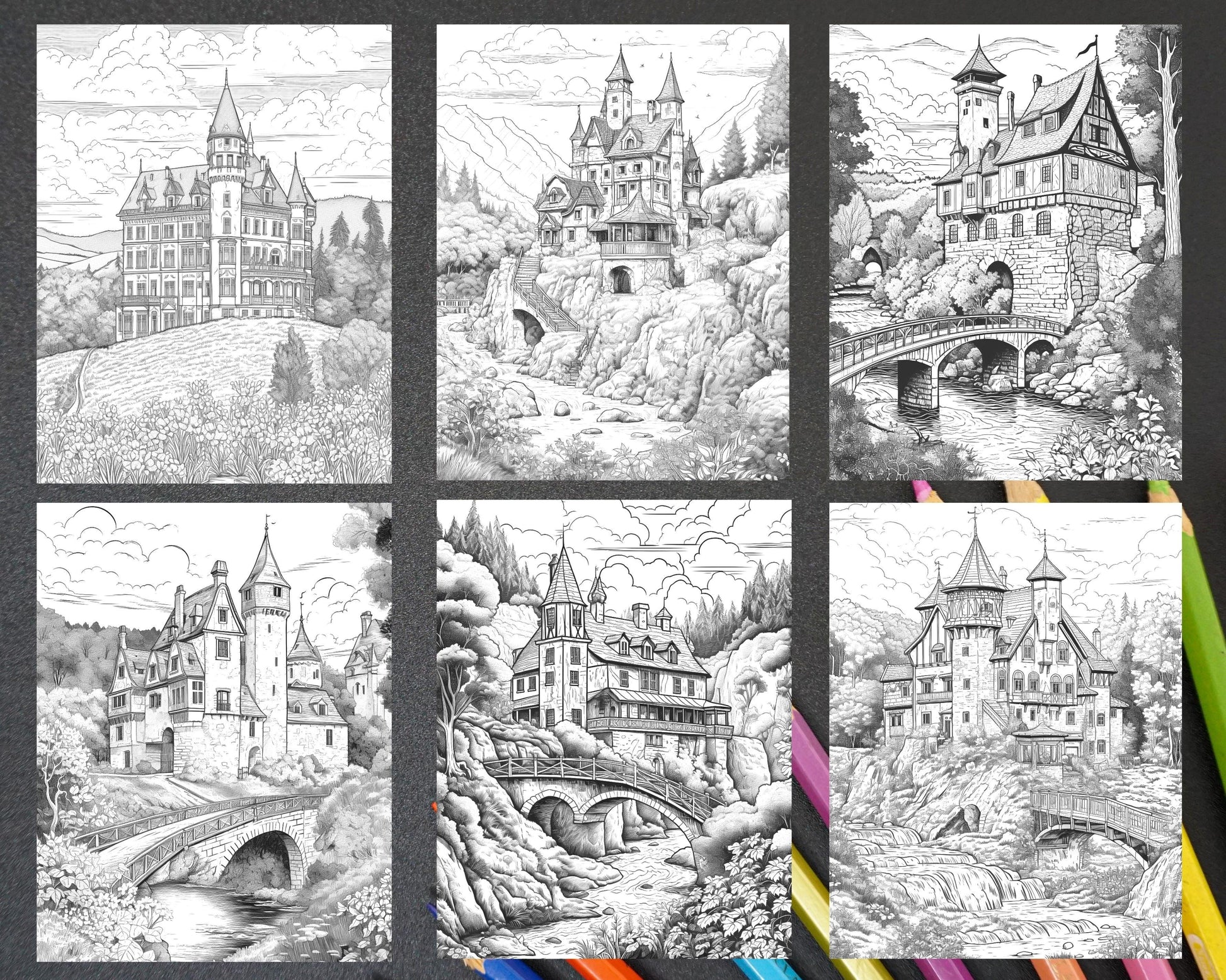 122 Fantasy Castles Coloring Book for Adults, Grayscale Coloring Page, Printable PDF Instant Download