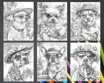 90 Summer Dogs Grayscale Adult Coloring Pages, Printable PDF Instant Download