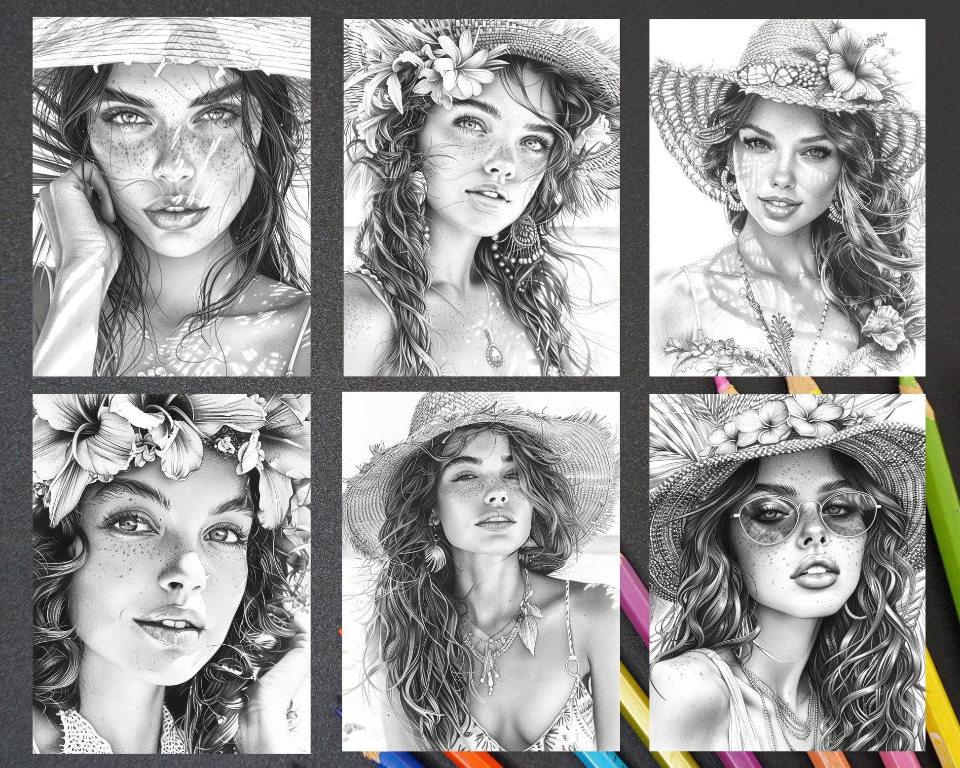 70 Beautiful Tropical Girls Grayscale Adult Coloring Pages Printable PDF Instant Download