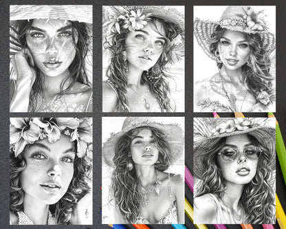 70 Beautiful Tropical Girls Grayscale Adult Coloring Pages Printable PDF Instant Download