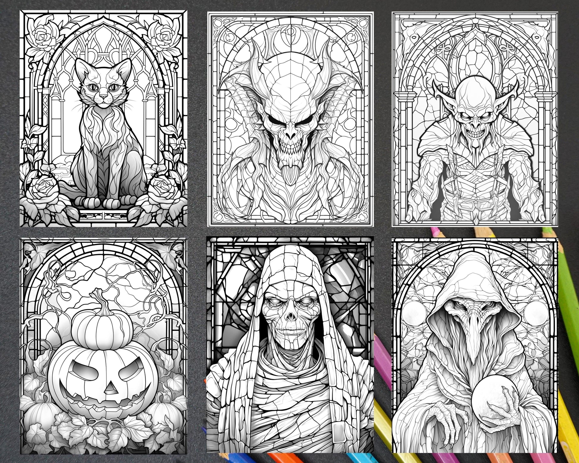 70 Halloween Stained Glass Grayscale Coloring Pages Printable for Adults, PDF File Instant Download