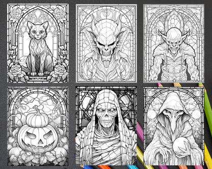70 Halloween Stained Glass Grayscale Coloring Pages Printable for Adults, PDF File Instant Download
