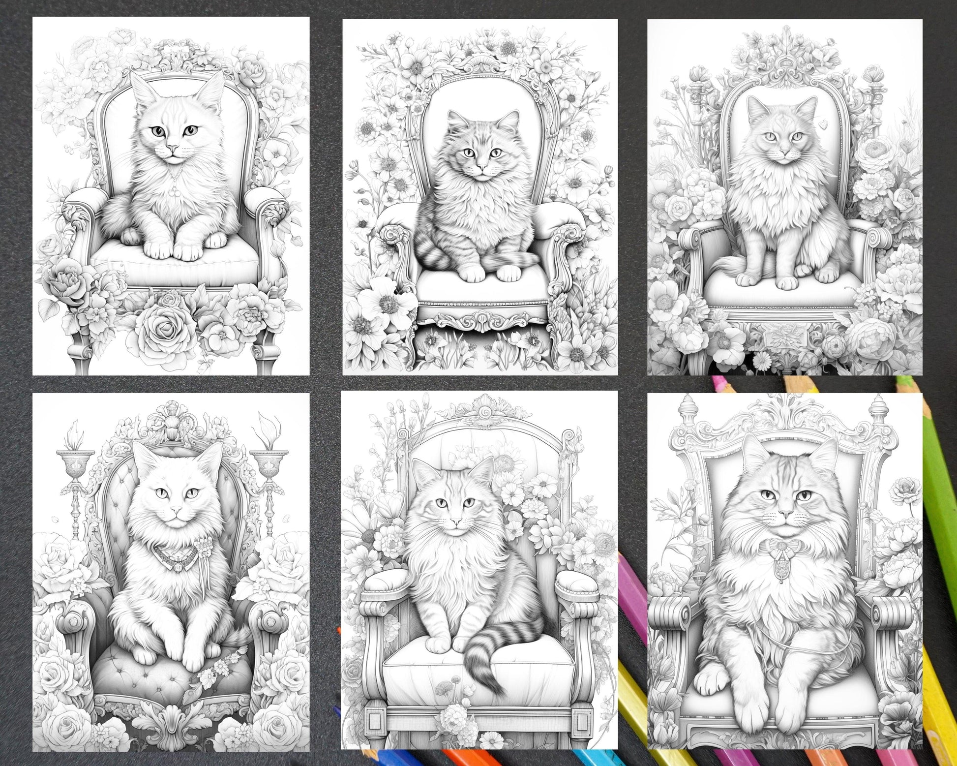 50 Royal King Cat Grayscale Coloring Pages for Adults, Printable PDF Instant Download