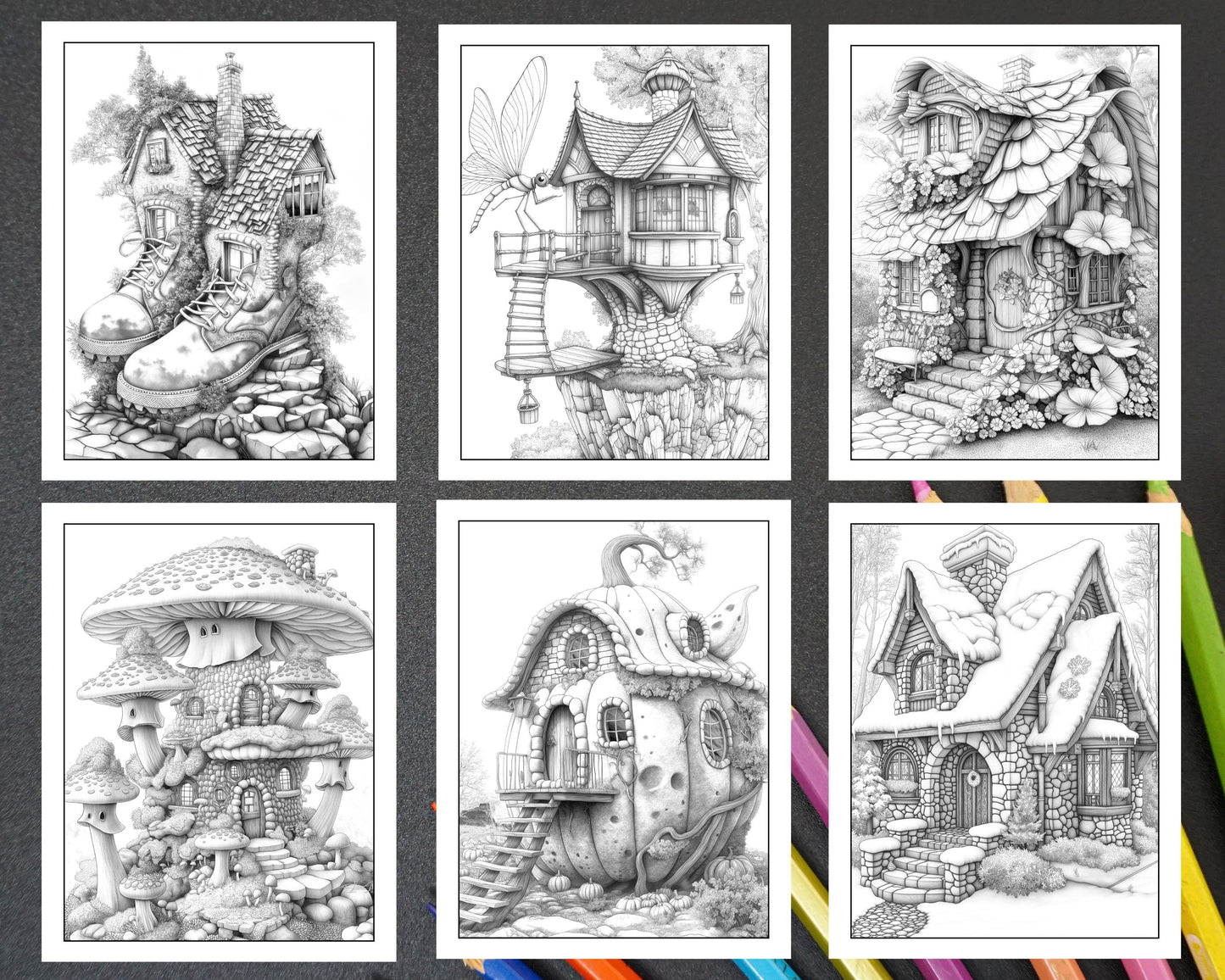 50 Fantasy Fairy Houses Adult Coloring Pages Printable PDF Instant Download