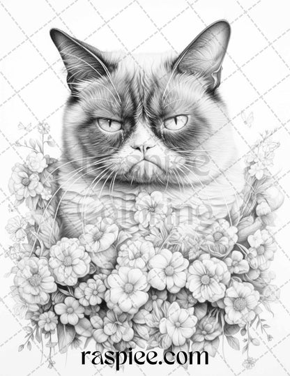 50 Grumpy Cat Grayscale Coloring Pages Printable for Adults, PDF File Instant Download