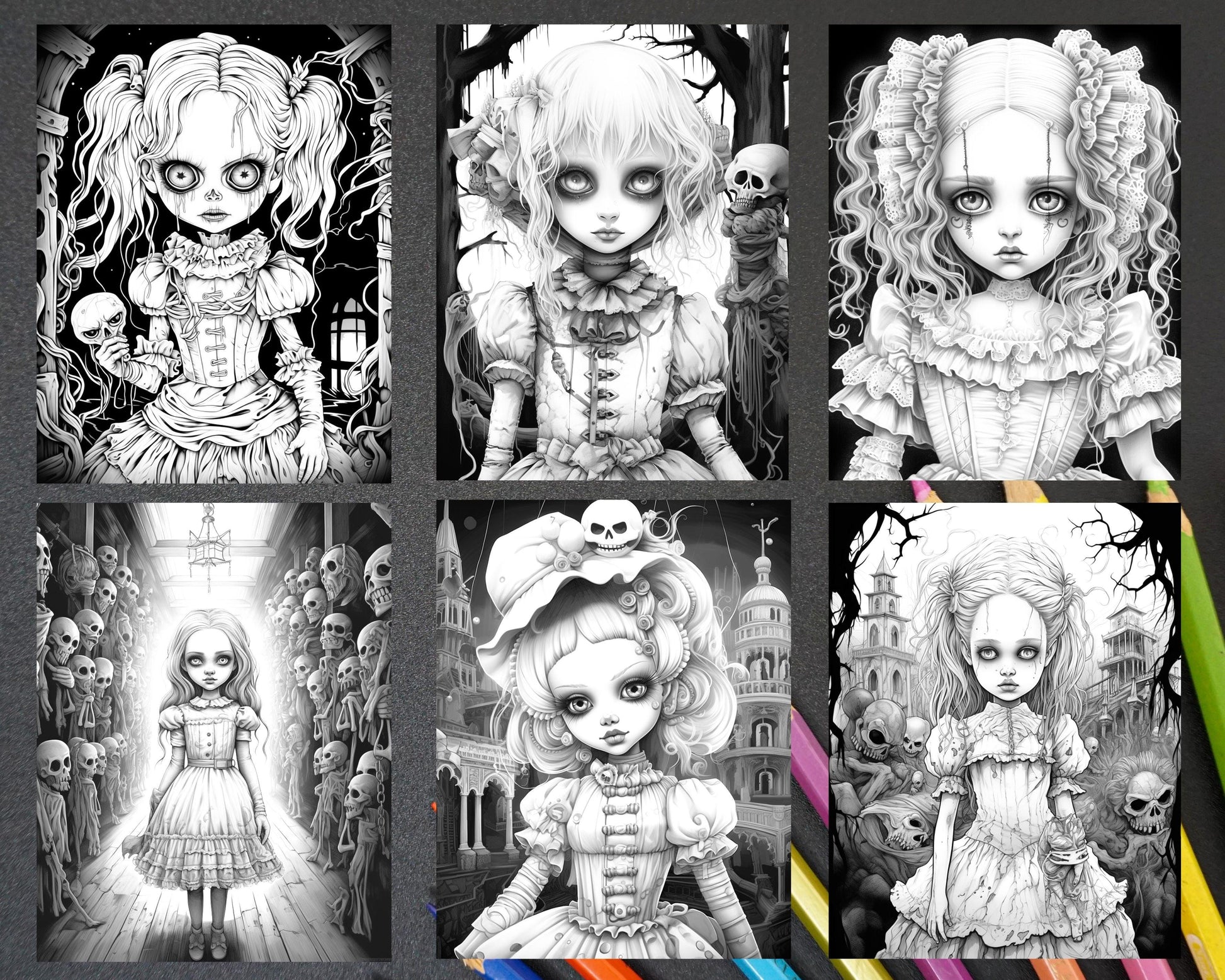 50 Scary Victorian Dolls Grayscale Coloring Pages Printable for Adults, PDF File Instant Download