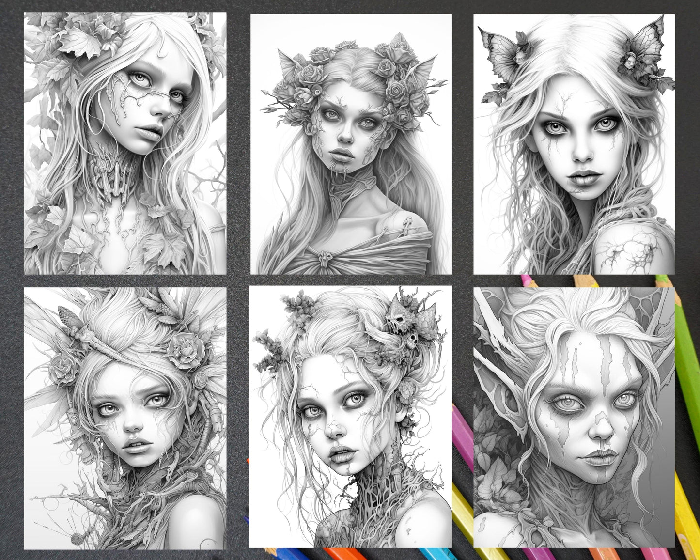 60 Halloween Zombie Fairy Grayscale Coloring Pages Printable for Adults, PDF File Instant Download