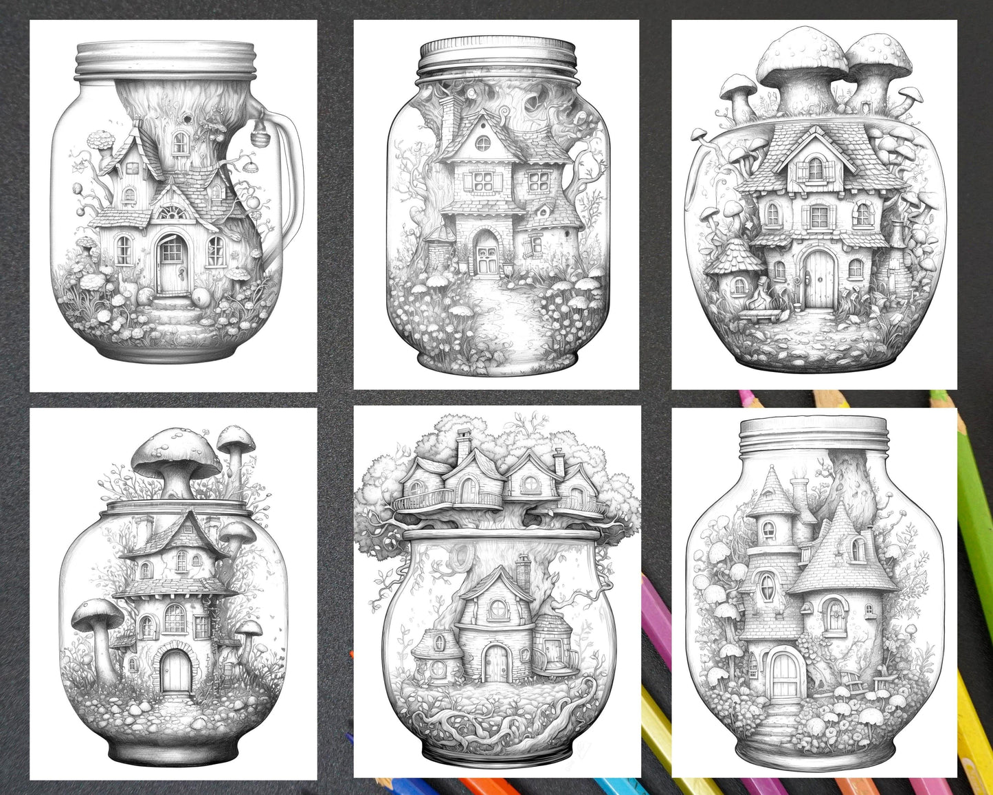 Fairy House in Jar Grayscale Coloring Pages Printable for Adults, PDF File Instant Download