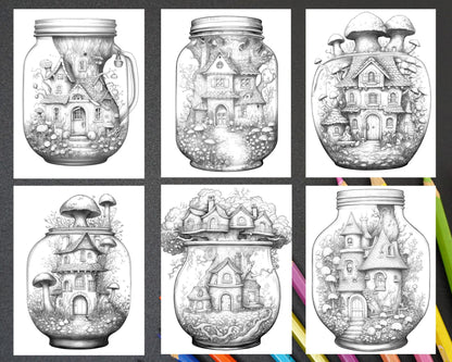 Fairy House in Jar Grayscale Coloring Pages Printable for Adults, PDF File Instant Download