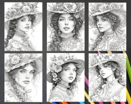 62 Spring Victorian Girl Portraits Grayscale Adult Coloring Pages, Printable PDF Instant Download