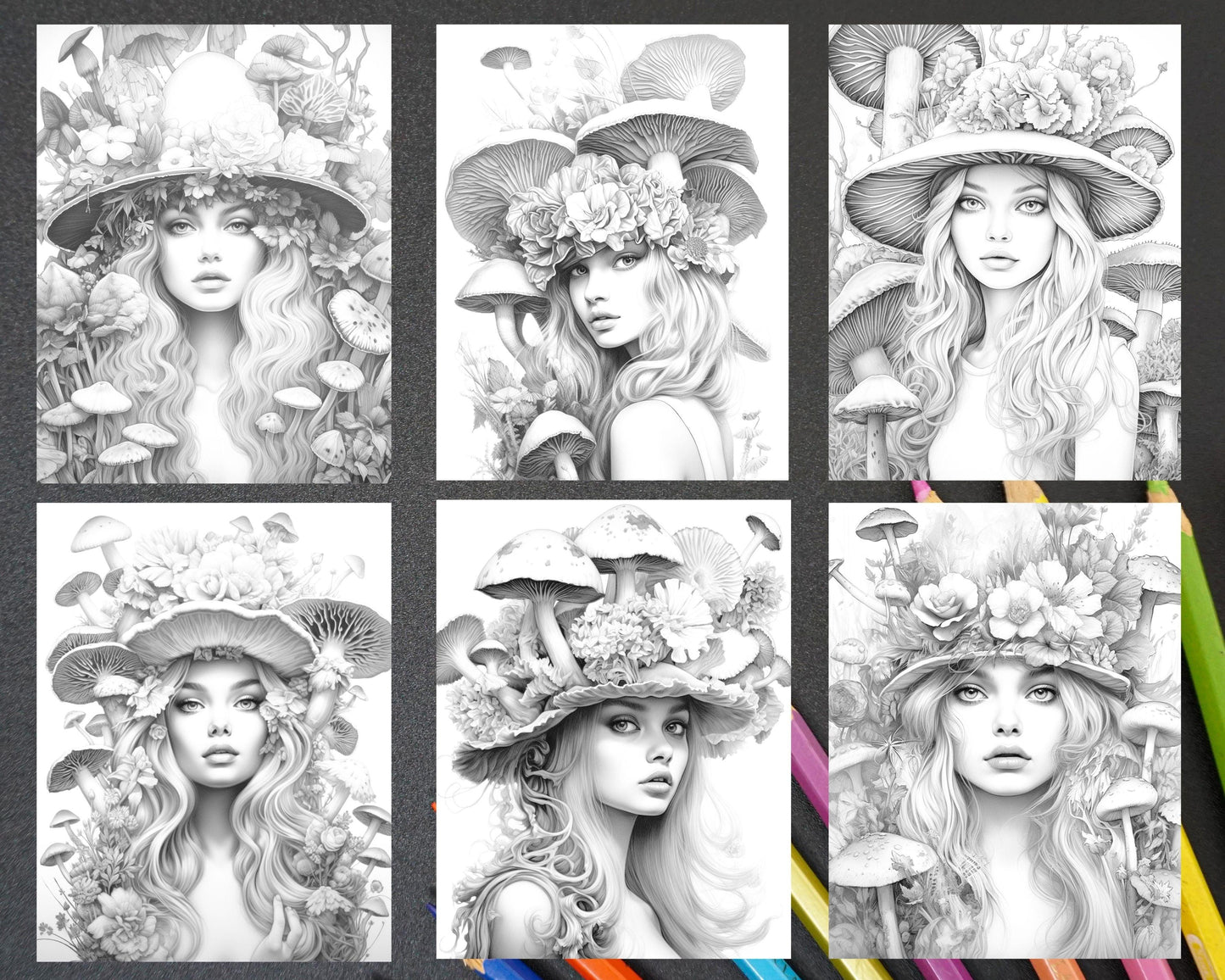 50 Mushroom Fairy Grayscale Coloring Pages Printable for Adults, PDF File Instant Download