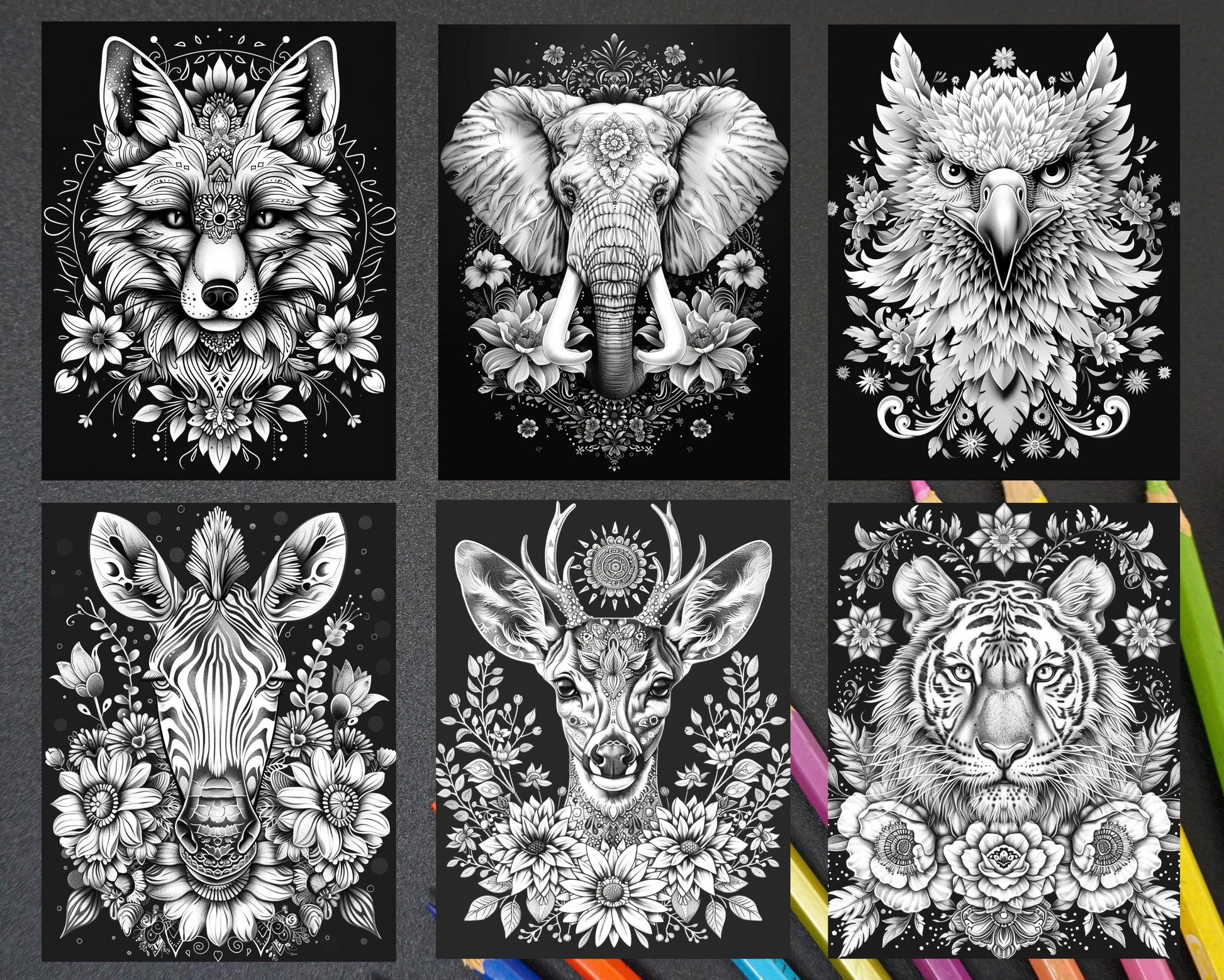 87 Spirit Animals Grayscale Adult Coloring Pages Printable PDF Instant Download