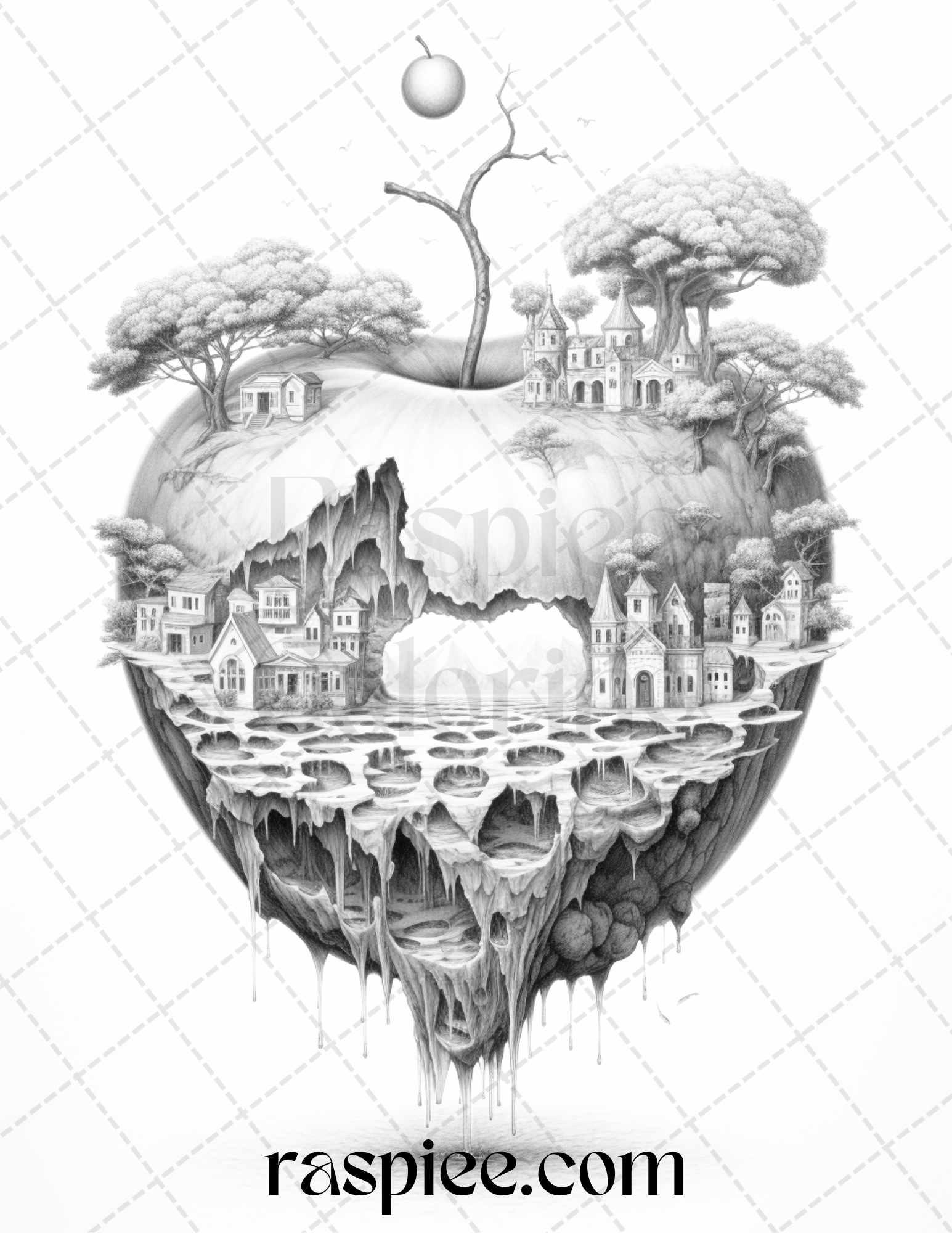 60 Miniworld in the Apple Grayscale Coloring Pages Printable for Adults, PDF File Instant Download