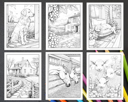 50 Country Farm Scenes Adult Coloring Pages Printable PDF Instant Download