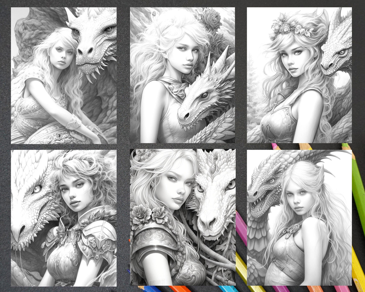 Enchanted Dragon Queens Grayscale Coloring Pages Printable for Adults, PDF File Instant Download