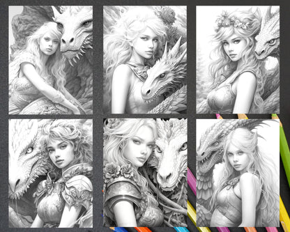 Enchanted Dragon Queens Grayscale Coloring Pages Printable for Adults, PDF File Instant Download