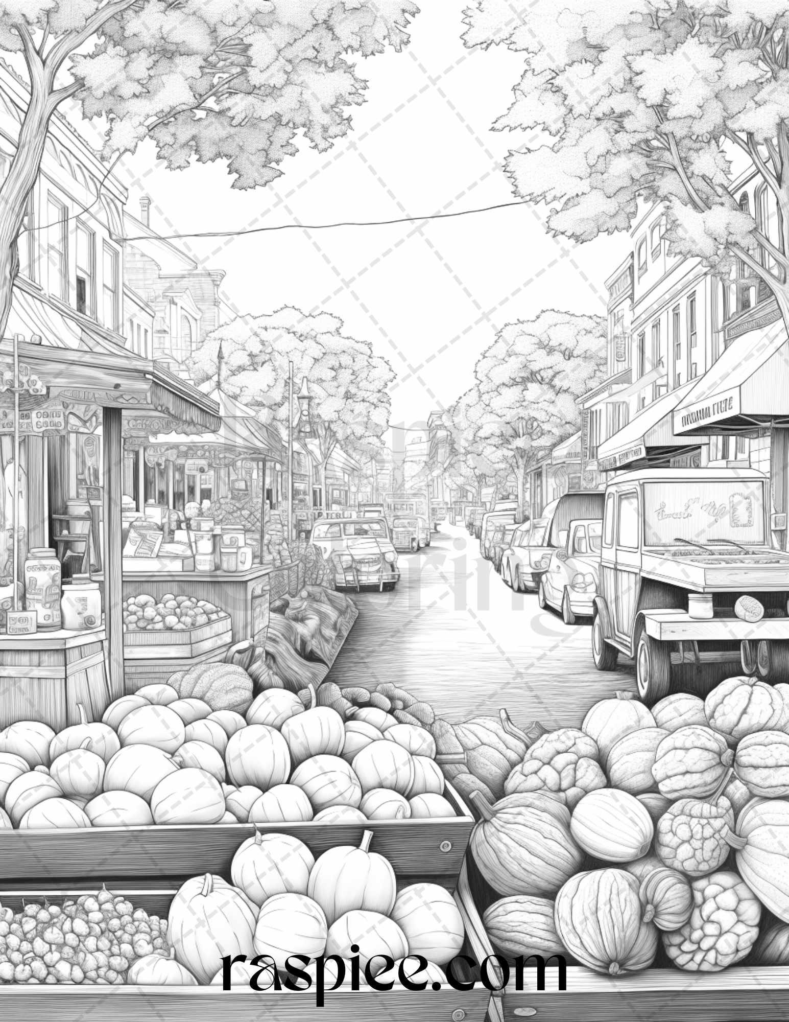 Autumn Street Markets Grayscale Coloring Pages for Adults, Printable PDF File Instant Download