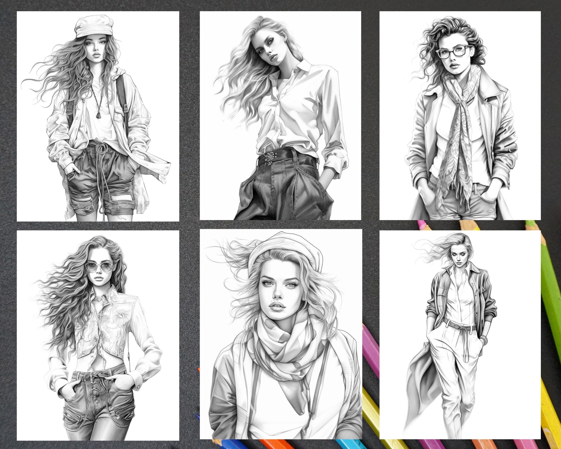 50 Streetwear Fashion Grayscale Coloring Pages Printable for Adults, PDF File Instant Download