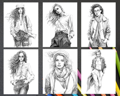 50 Streetwear Fashion Grayscale Coloring Pages Printable for Adults, PDF File Instant Download