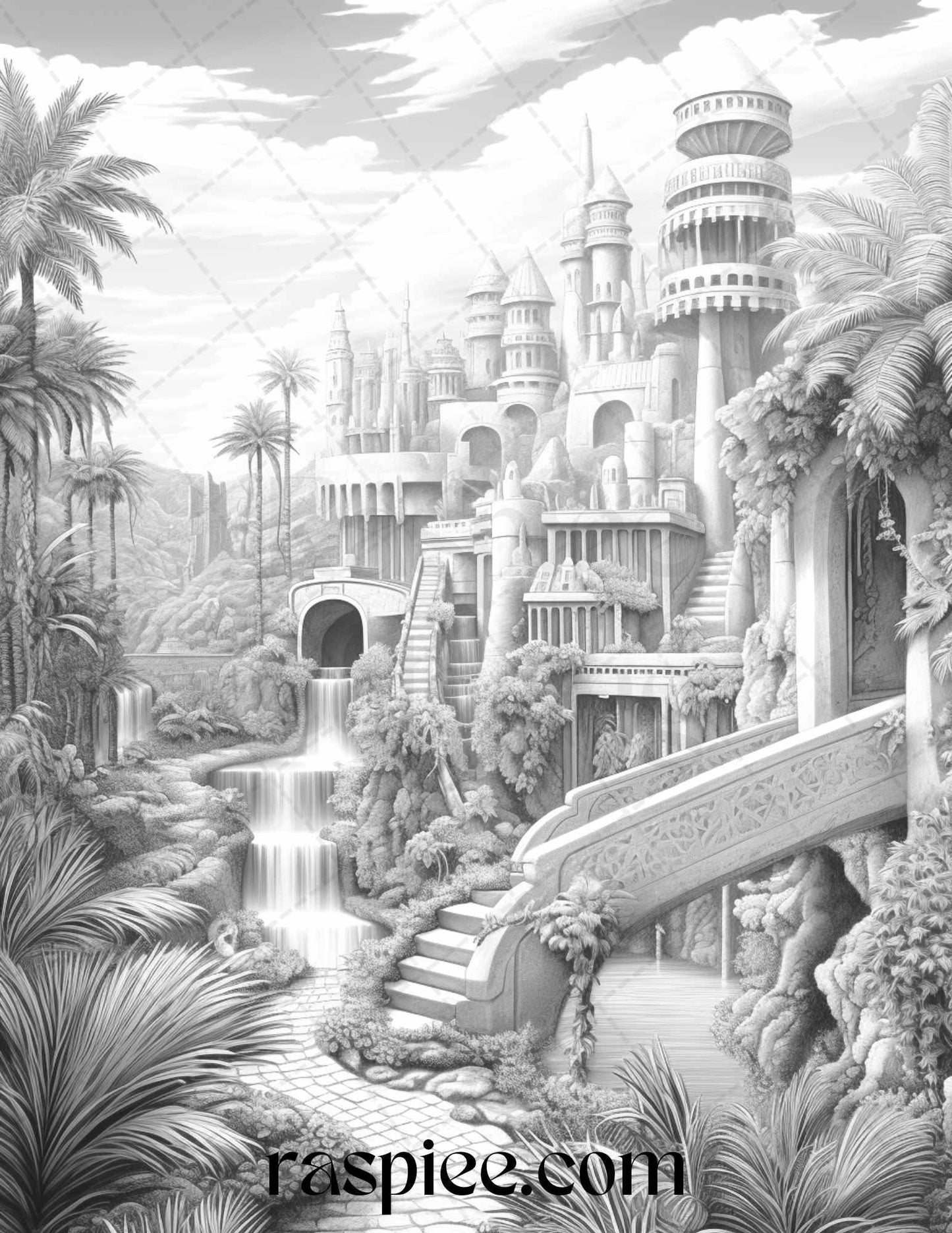 Hanging Gardens of Babylon Grayscale Coloring Pages Printable, PDF File Instant Download