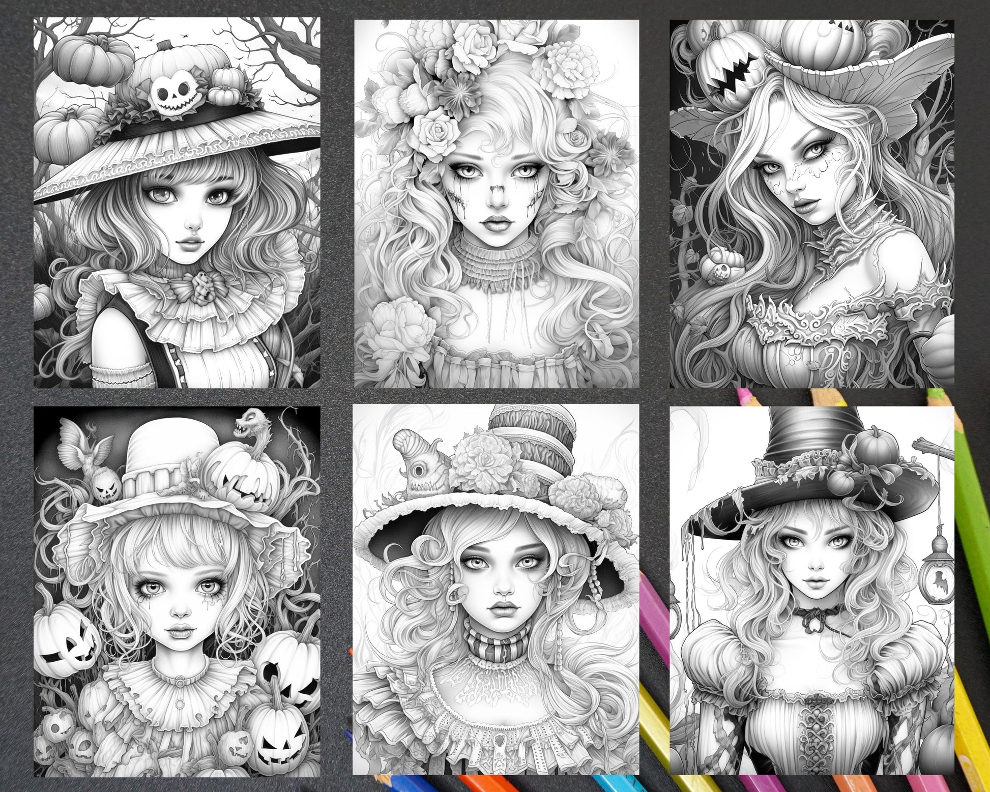 55 Halloween Girls Grayscale Coloring Pages Printable for Adults, PDF File Instant Download
