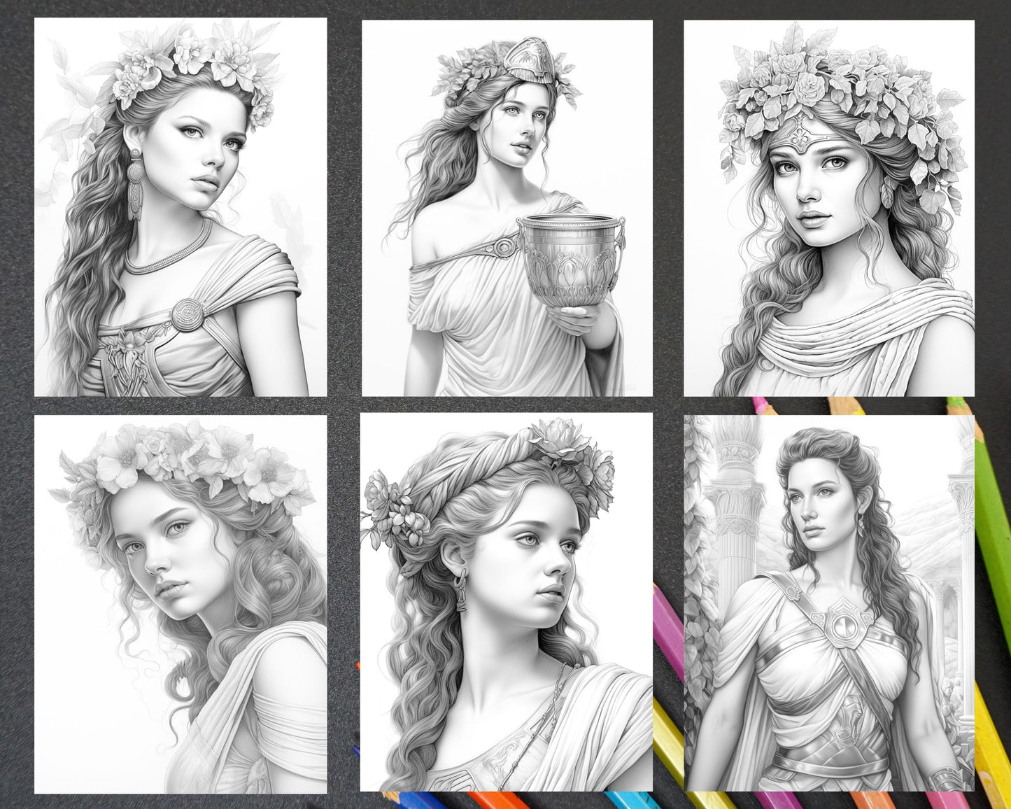 60 Ancient Greece Women Grayscale Coloring Pages for Adults, Printable PDF Instant Download