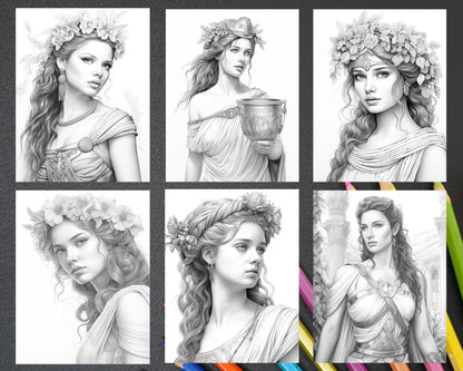60 Ancient Greece Women Grayscale Coloring Pages for Adults, Printable PDF Instant Download