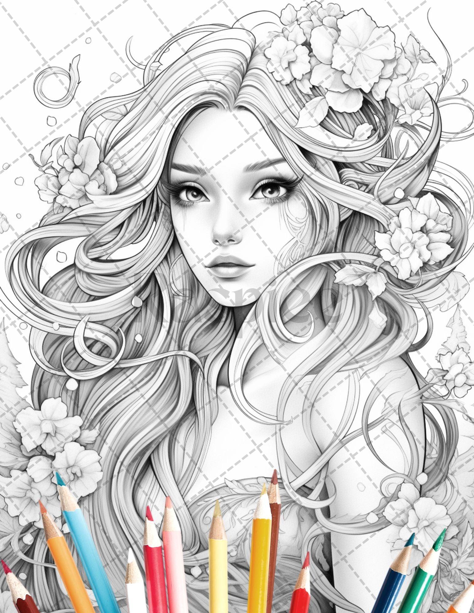 35 Beautiful Printable Elf Girls Coloring Book for Adults, Grayscale Coloring Page, PDF File Instant Download