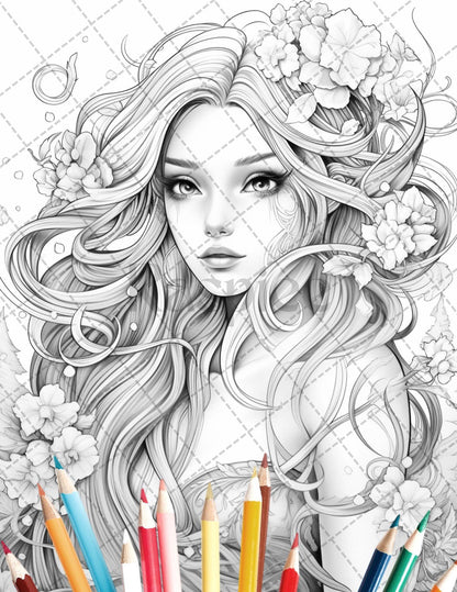 35 Beautiful Printable Elf Girls Coloring Book for Adults, Grayscale Coloring Page, PDF File Instant Download