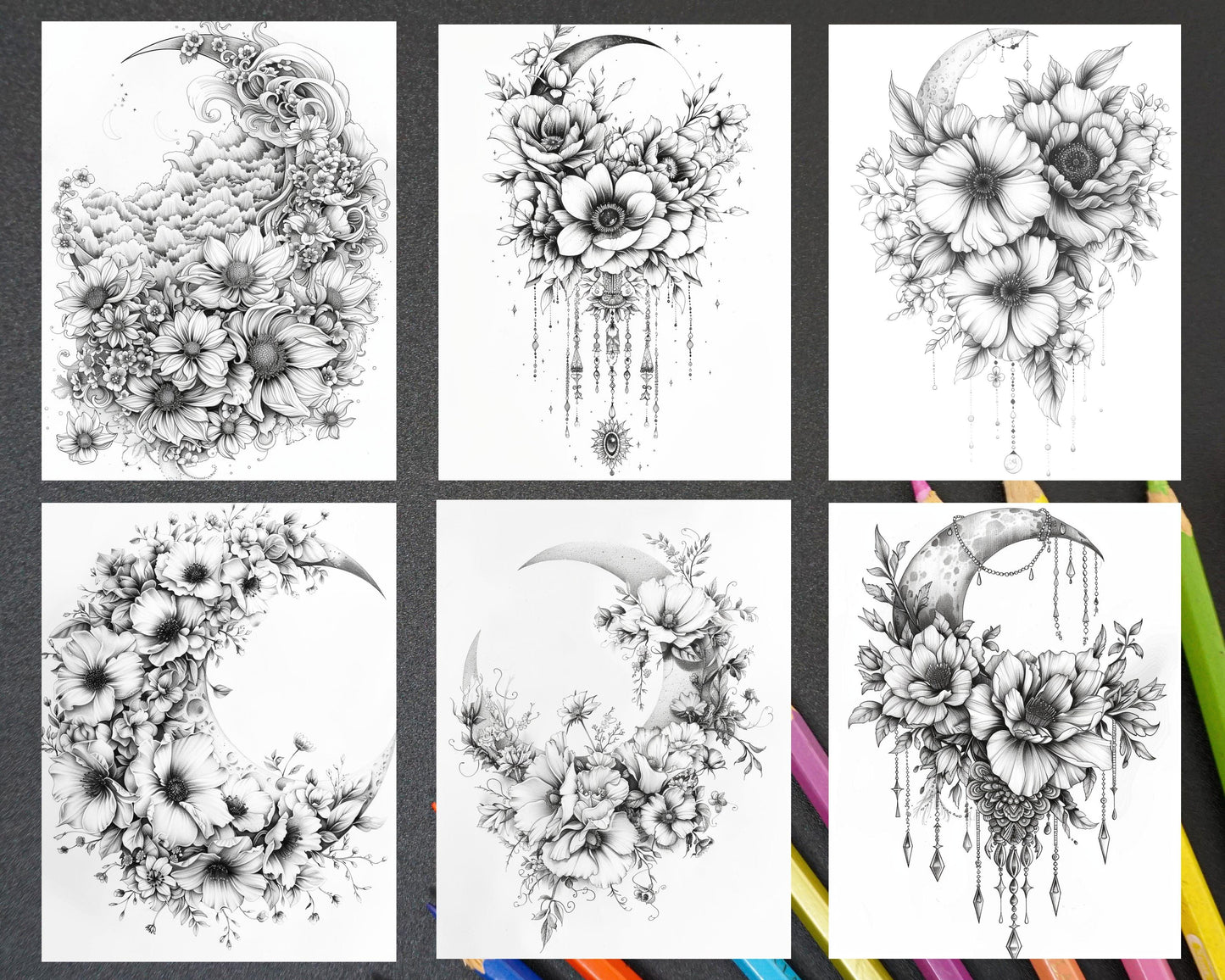60 Boho Moon Floral Grayscale Adult Coloring Pages Printable PDF Instant Download