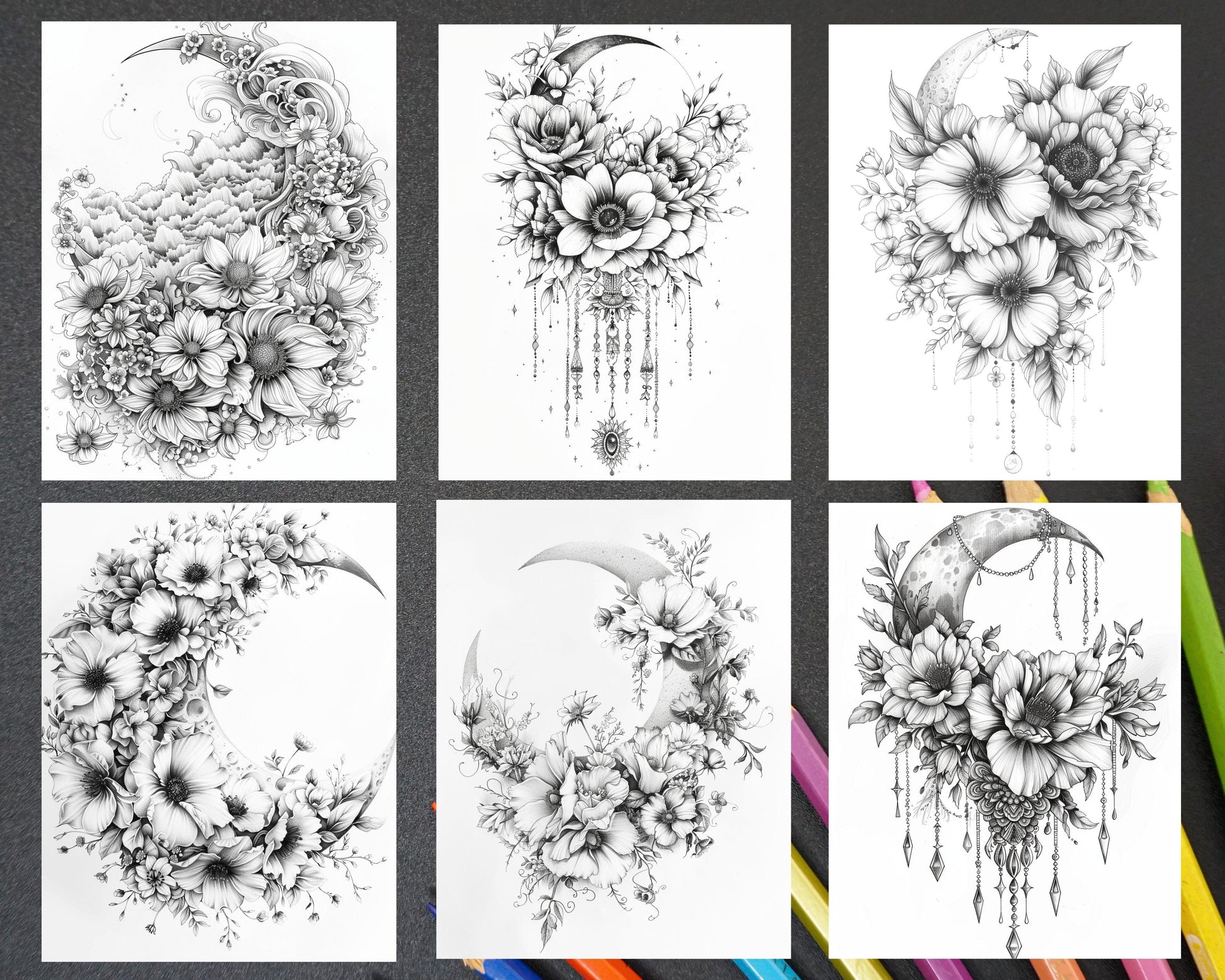 60 Boho Moon Floral Grayscale Adult Coloring Pages Printable PDF Instant Download