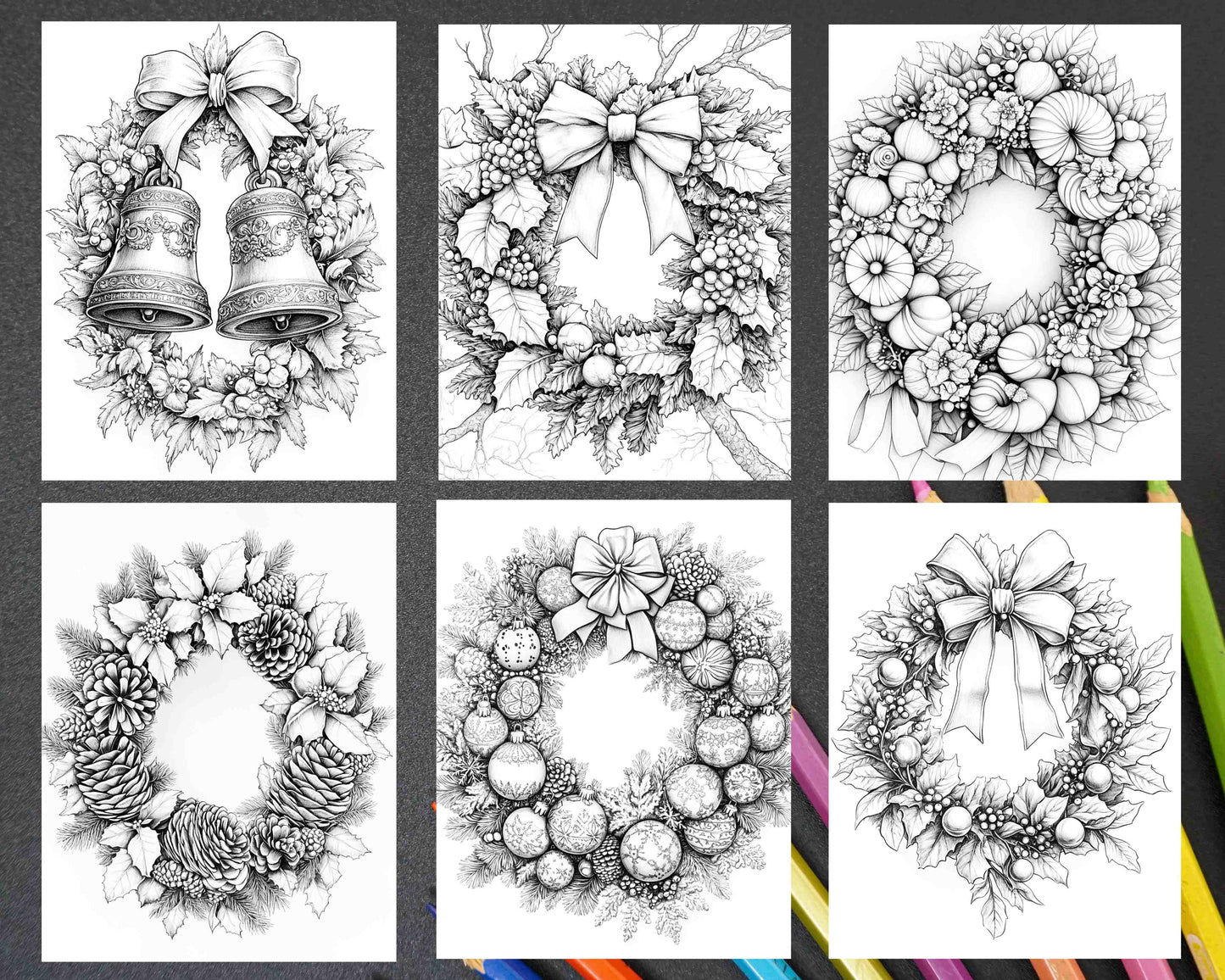 72 Christmas Wreaths Adult Coloring Pages