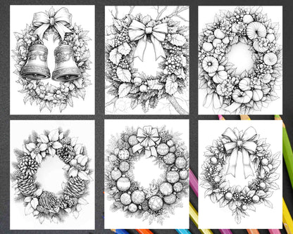 72 Christmas Wreaths Adult Coloring Pages